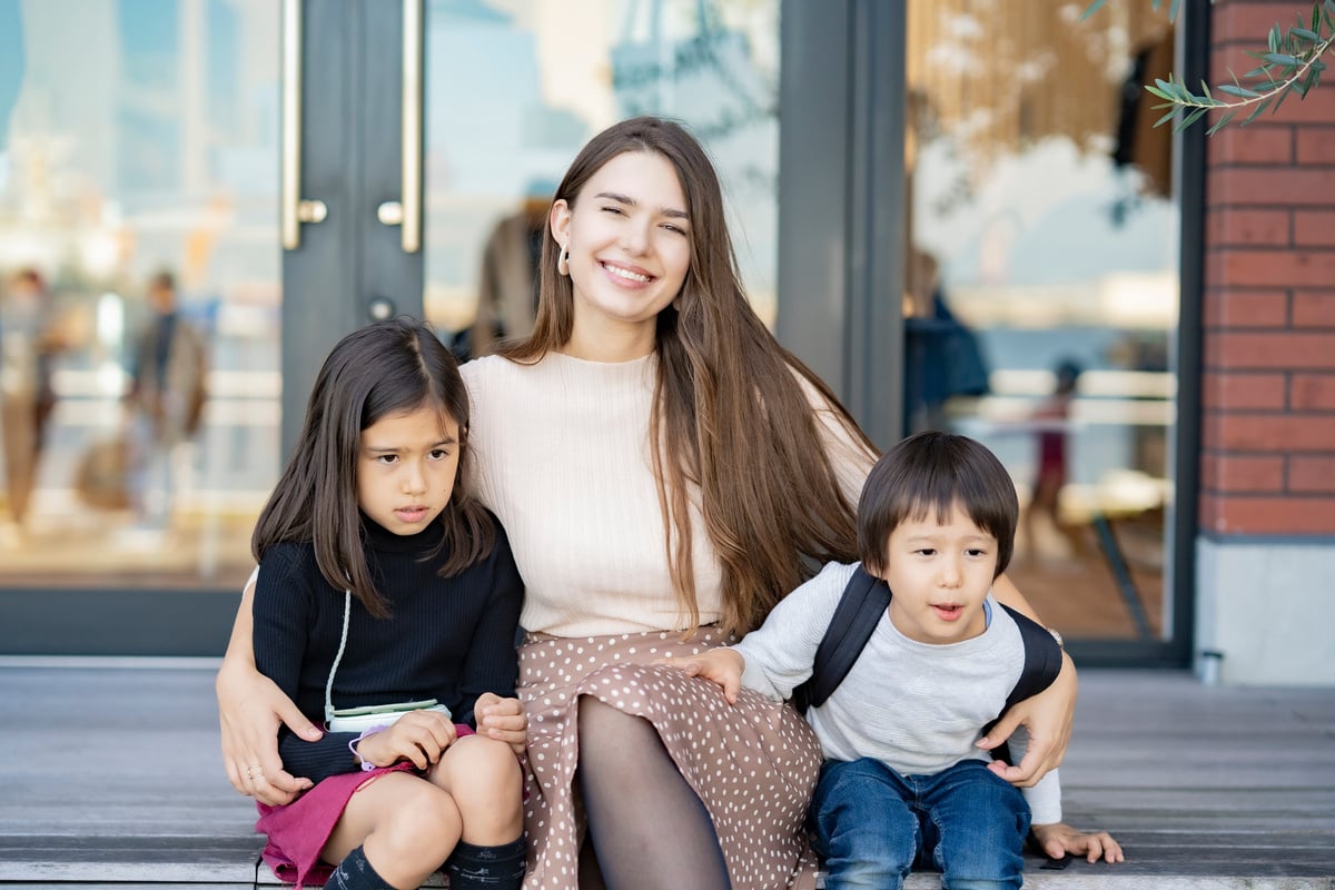 Mom and 2 kids frolicking